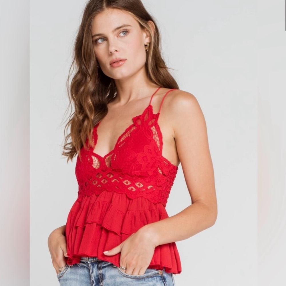 Free People Adella Cami Womens Top Small Red Lace Ruffle Bralette Intimates Tank